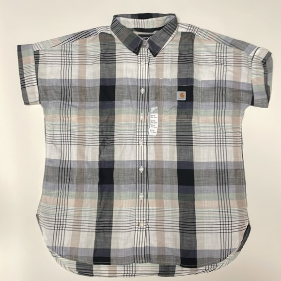 Carhartt Tops - Carhartt Women’s Large Short Sleeve Loose Fit Woven Button Front Plaid NWT